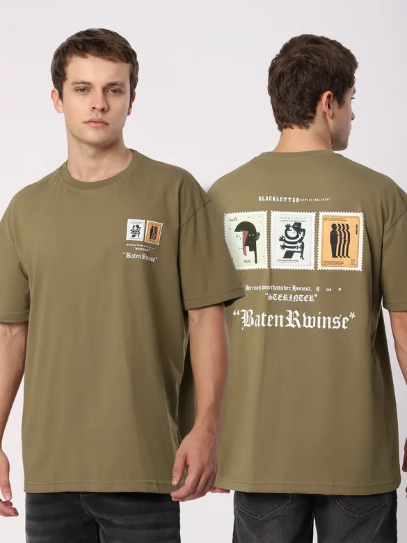 Dark Tan Stamps Printed Oversized T-Shirt